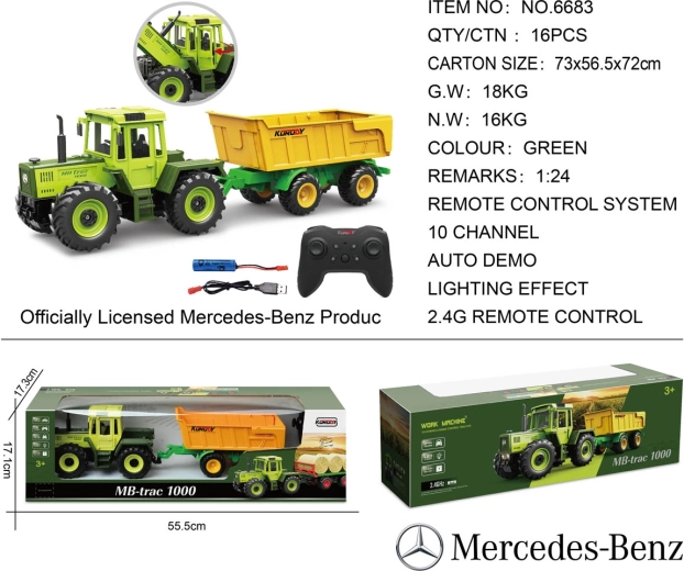 Daljinsko vodeni zeleni traktor Mercedes-Benz z rumeno prikolico 1:24