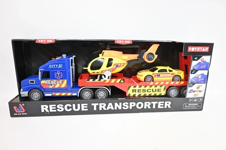 Toy set: tow truck with crane, helicopter and car with light and sound