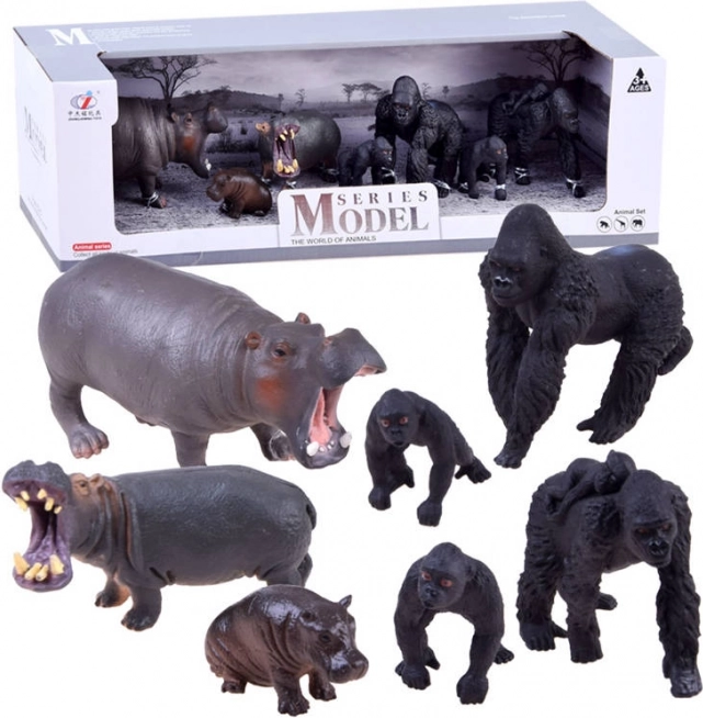 Komplet figuric safarija z zebrami in levi – Gorila in povodni konj