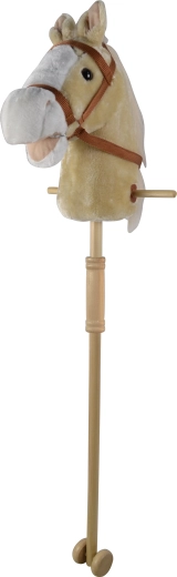 Bež konjiček na palici z zvoki in koleščki, odstranljiva lesena palica (95 cm)