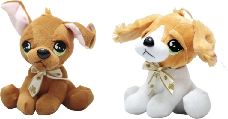 Plišasti kužek z velikimi očmi in pentljo