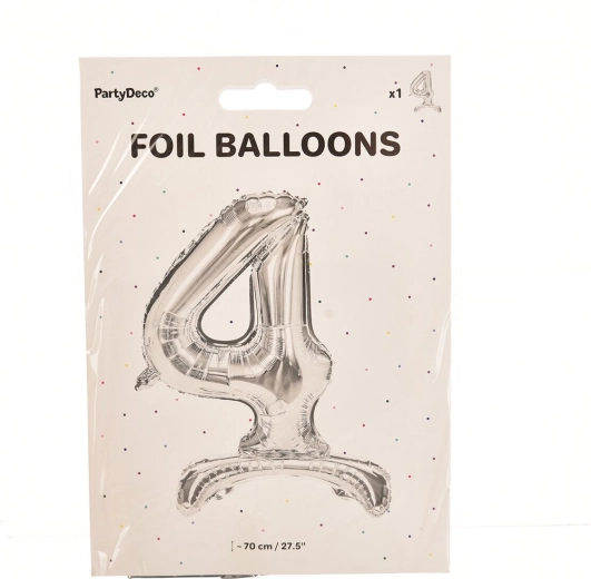 Stoječ folijski balon številka 4, srebrn, 70 cm
