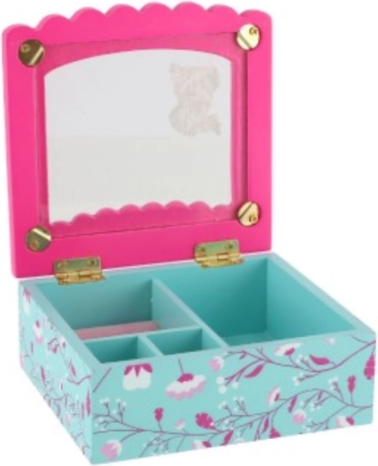 Wooden jewelry box with flowers and mirror, turquoise–pink