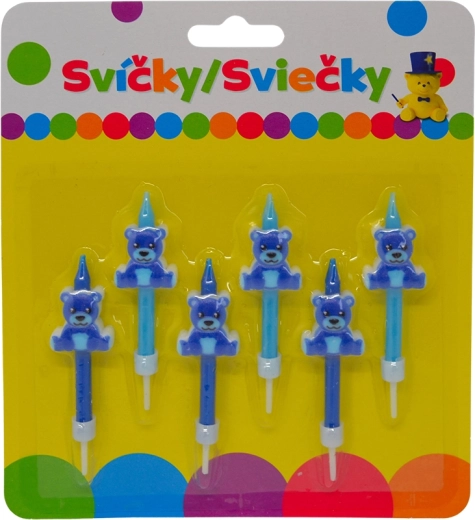 Rojstnodnevne svečke z modrim medvedkom in držalom, 6 kos