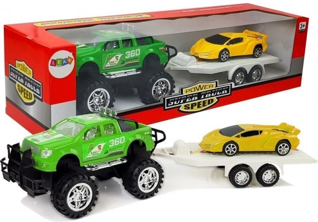 Komplet vozil – rumeni športni avto, zeleni terenski avto s trenjskim pogonom