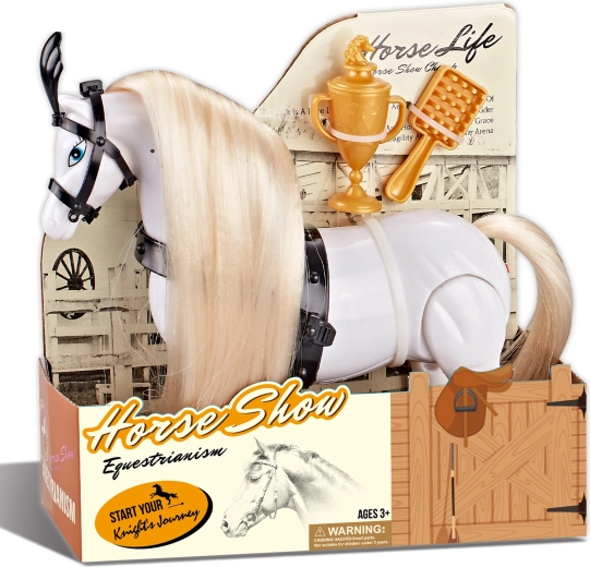 Jahalni bel konj z zvokom in dodatki – konjeniška revija
