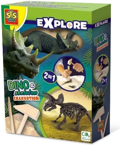 SES Creative Explore dino fosili 2v1 – triceratops (izkopavanje in sestavljivo okostje)