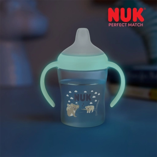Učilna dojenčkova steklenička NUK Perfect Match, sveti v temi, koala 150 ml