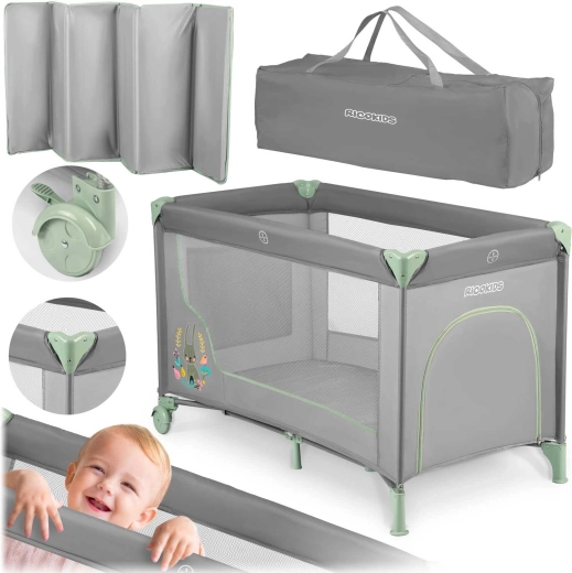 Potovalna otroška posteljica Kikkids sivo-mint 125 × 65 × 78 cm z vzmetnico in torbo