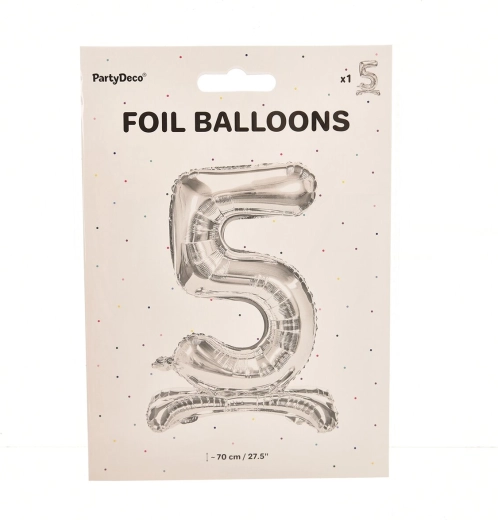 Stoječ folijski balon številka 5 srebrn 70 cm