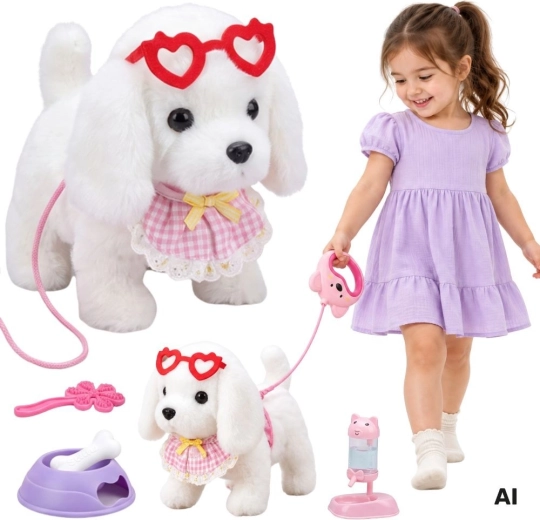 WOOPIE interactive white plush dog on a leash with accessories