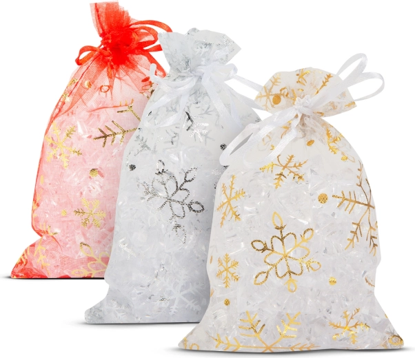 Darilna vrečka iz organze s snežinkami 10 × 15 cm – 1 kos