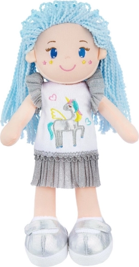 Pletena punčka z modrimi lasmi in samorogom