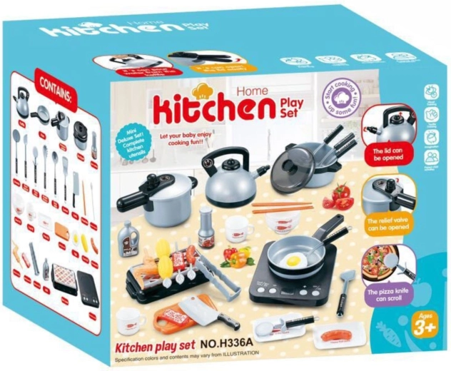 Otroški kuhinjski set z indukcijskim kuhalnikom in dodatki, 36 kosov, srebrn