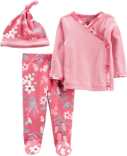 Carter’s dekliški komplet Pink Flower – preklopna majica z dolgimi rokavi, hlačke s stopali in kapica