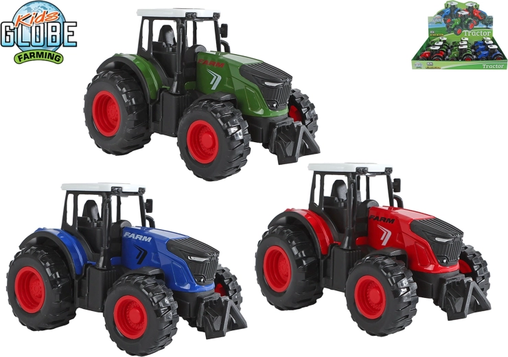 Kovinski traktor Kids Globe Farming z vzvratnim potegom 12 cm – 1 kos