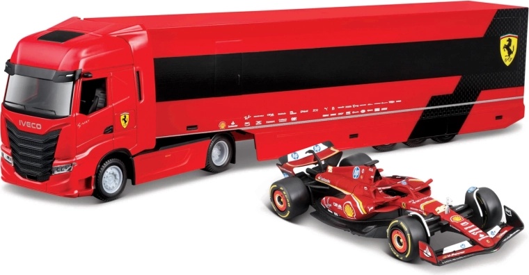 Bburago dirkalni tovornjak Iveco s prikolico in F1 Ferrari SF-24 2024 (Charles Leclerc) 1:43