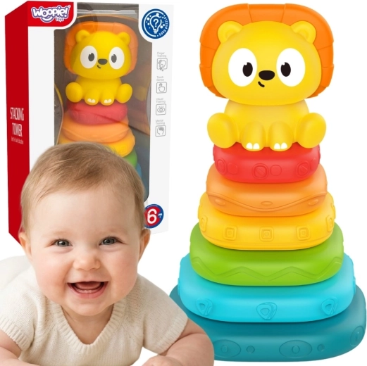 Woopie Baby senzorična piramida – zložljivi stolp z levčkom (od 6 mesecev)