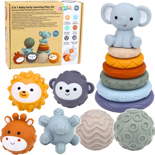 Senzorični komplet za dojenčke 3-v-1 – gumijaste žogice, kocke in sestavljivi stolp
