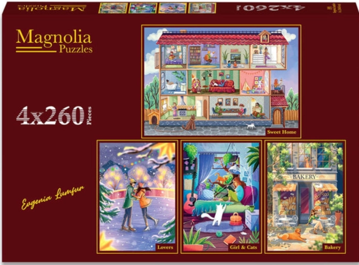 Komplet puzzlov Magnolia Sladki dom, zaljubljen par, deklica z vozički in dišeča pekarna 4×260 kosov
