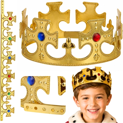 Nastavljiva zlata kraljevska krona z imitacijo dragih kamnov (17–20 cm)