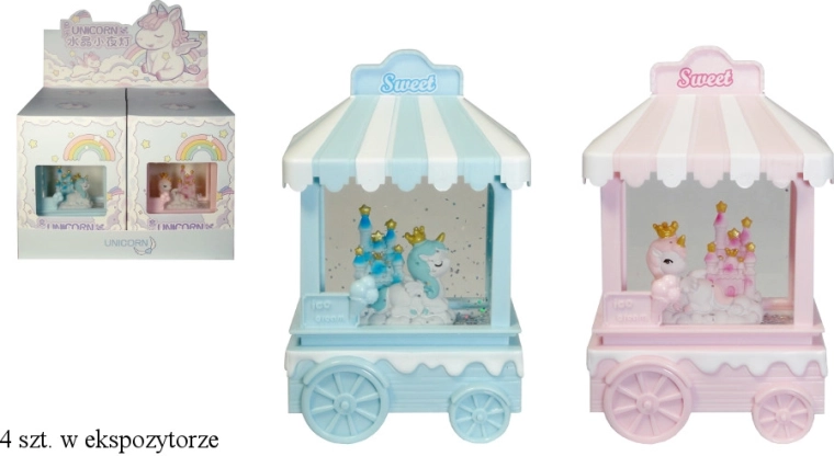 Lanterna z vrtinčastim bleščanjem na baterije – voziček z samorogom