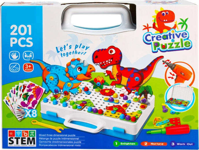 Ustvarjalni gradbeni komplet z dinozavri in električnim vrtalnikom Creative Puzzle (201 delov)