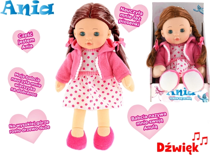Interaktivna punčka Ania z mehkim telescem, govori poljsko, 31 cm
