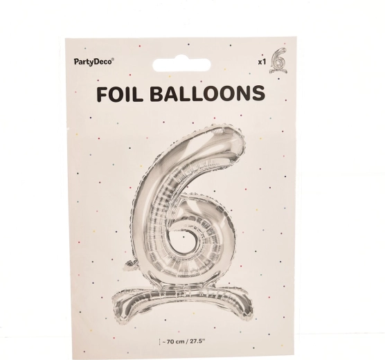 Stoječi folijski balon številka 6, srebrn, 70 cm