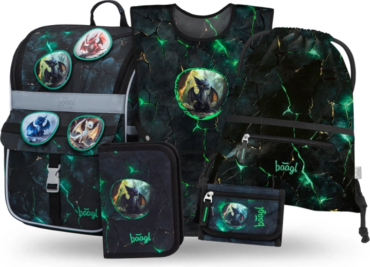 Baagl šolski set Zippy Zmaji – aktovka, peresnica, vrečka, predpasnik in denarnica