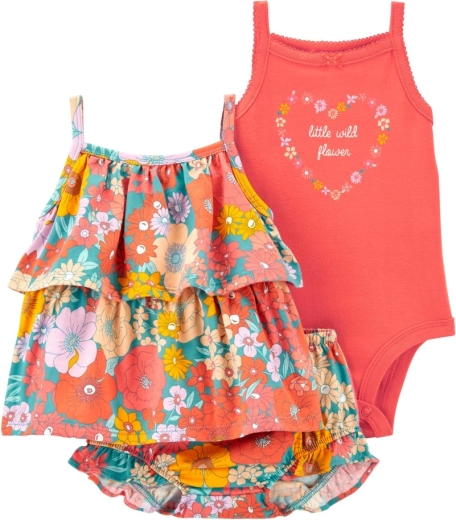 Carter's dekliški komplet: majica na naramnice, bodi in kratke hlače Orange Flowers (6 mesecev)