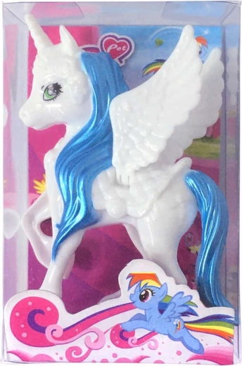 Plastic winged unicorn, white-blue, 10 cm, in a box