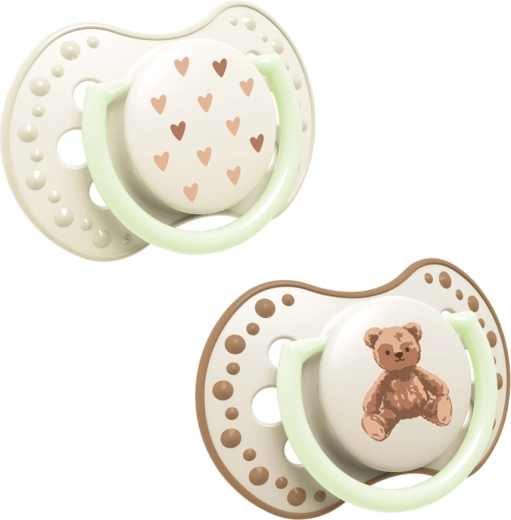 Dinamična svetleča silikonska duda LOVI Teddy love 18m+ (2 kosa)