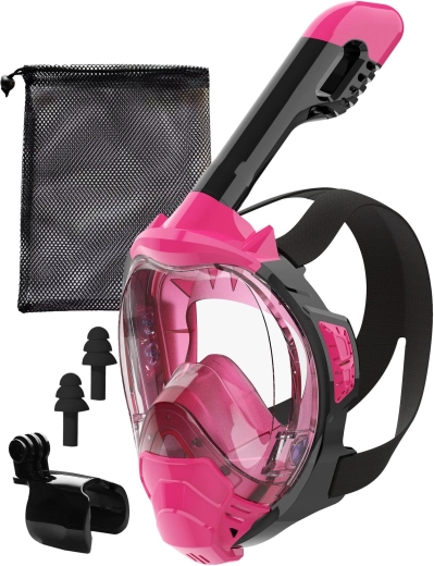 Celoobrazna maska za snorkljanje S/M rožnata z DryTop in nosilcem za GoPro – 1 kos