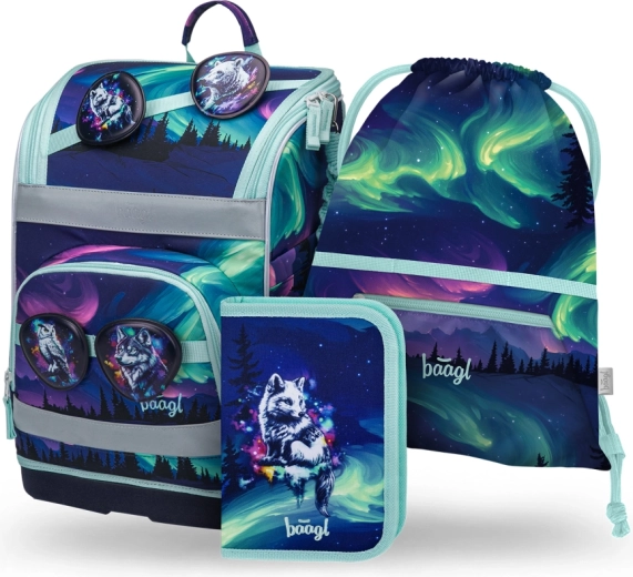 Baagl šolski set Zippy Plus Aurora – aktovka, peresnica in vrečka z GRS certifikatom