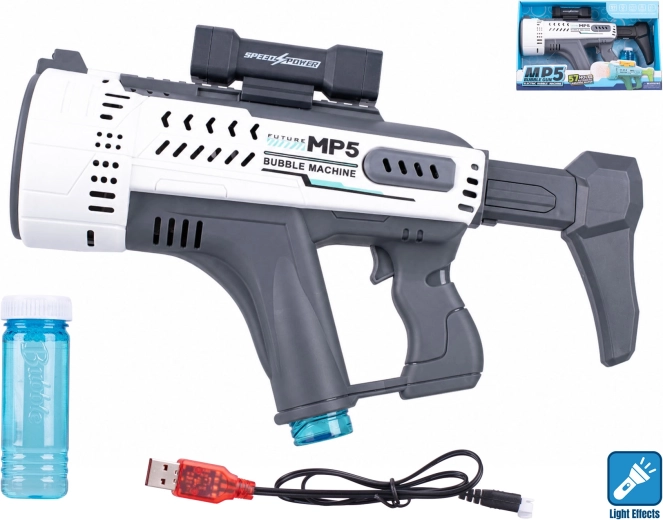 Bela pištola za milne mehurčke v slogu MP5 s svetlobnim učinkom 44 cm