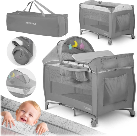 Potovalna posteljica z vzmetnico in transportno torbo 125×65×78 cm, siva