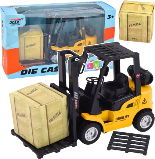 Kovinski viličar s izvlečnim pogonom, paleta in zaboj – rumen