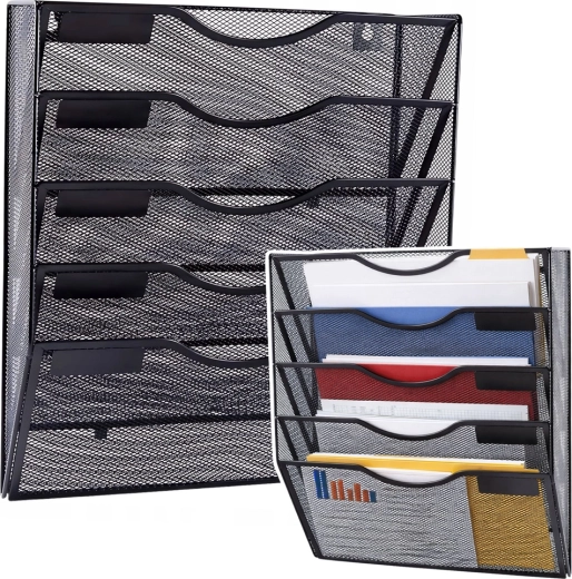 Kovinski stenski organizator za dokumente A4, 5 predalčkov, črn