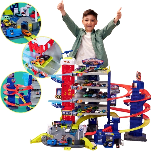Velika garaža Super Chase Center s stezami in 4 avtomobili z lučmi in zvoki MAJORETTE