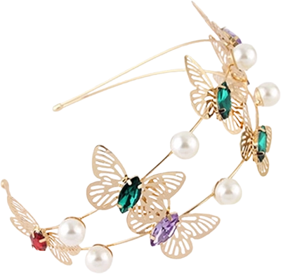 Rožnat dvojni obroč za lase Metulj z dragulji