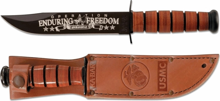 Ka-Bar spominski vojaški nož U.S.M.C. OEF Afghanistan 17,8 cm, črn, usnjen ročaj, usnjeno etui