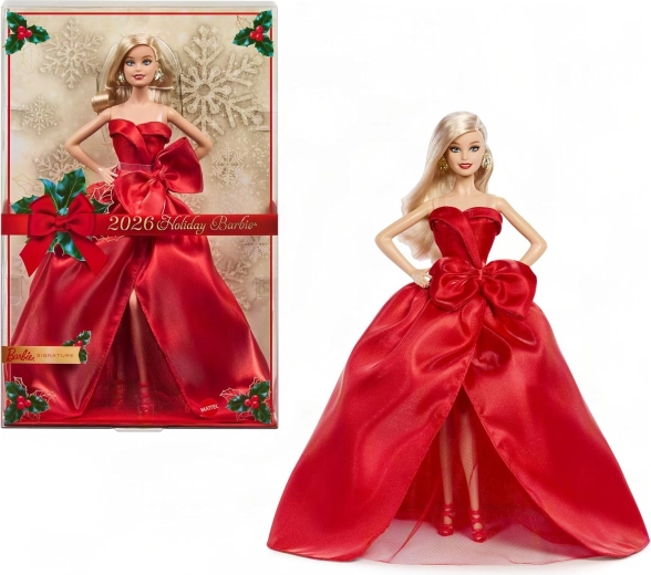 Praznična zbirateljska punčka Barbie Signature 2026, blondinka v rdeči obleki