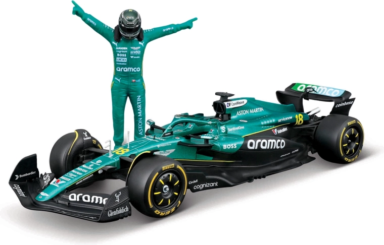 Model formule 1 Bburago Aston Martin AMR25 2025 Lance Stroll (številka 18) 1:24 s figurico dirkača