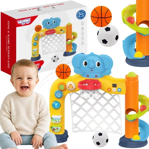 Woopie baby interaktivni športni center 2v1 – gol in košarkarski koš s slončkom