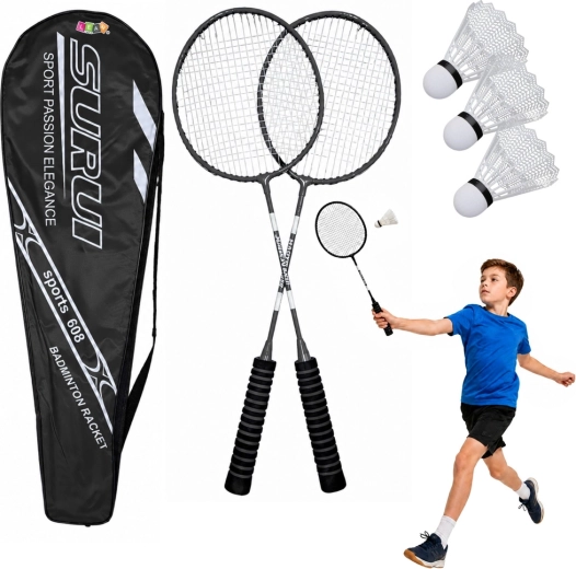 Badminton komplet z 2 loparjema, 3 plastičnimi žogicami in torbo, črn