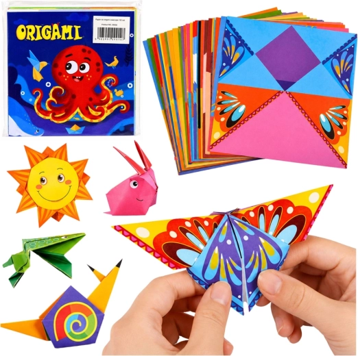Otroški origami komplet z barvnimi papirji in navodilom (100 listov)