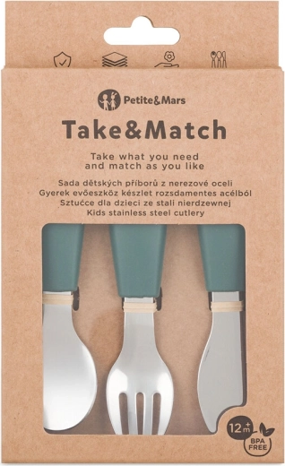 Petite&Mars set otroškega jedilnega pribora iz nerjavečega jekla Take&Match misty green 12m+