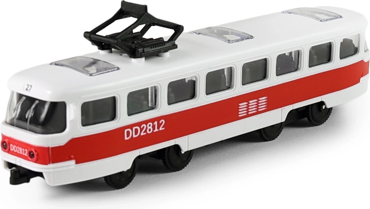 Tramvaj MHD rdeča 16 cm s vztrajnikom