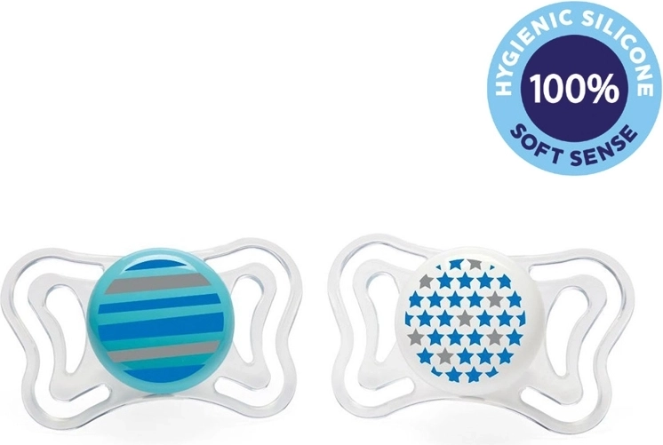 Chicco duda Physio Light silikonski 6–16 m, za dečke, črte in zvezde, 2 kosa